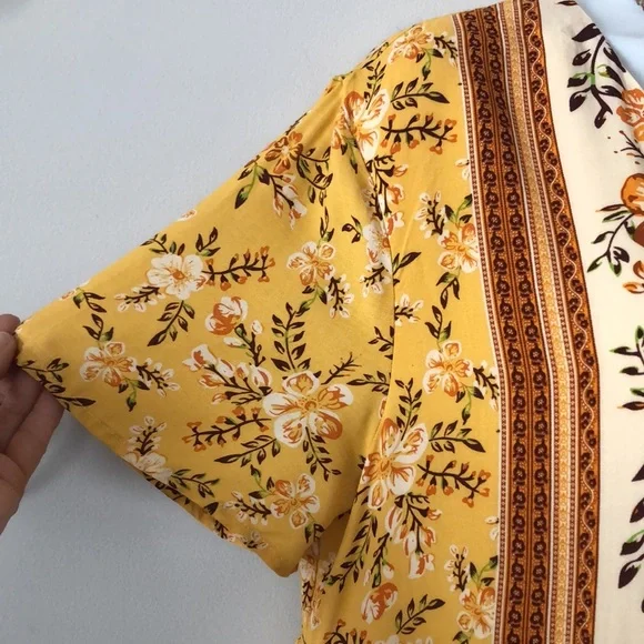 Kirundo Mini Dress Bohemian Short Sleeve Size Large Mustard Floral New - Picture 4 of 13